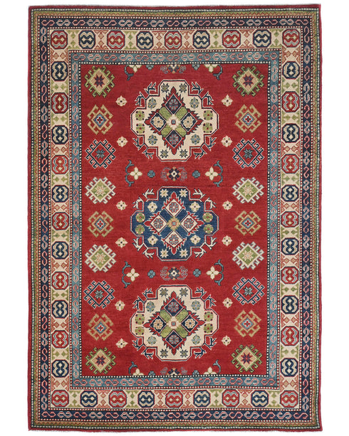 5x7 Red Kuba Afghan Hand Knotted Wool Area Rug